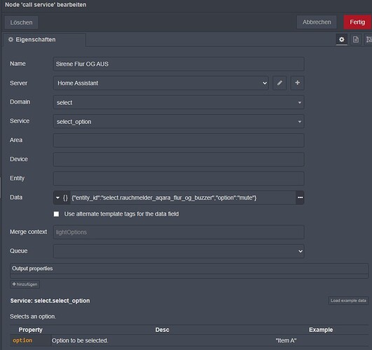Node-Red call-service für Alarm AUS