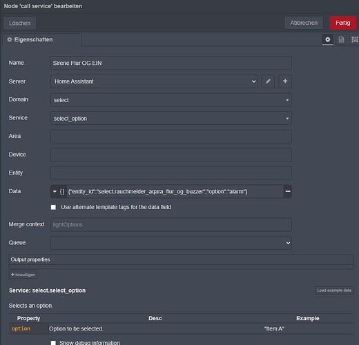 Node-red call-service für Alarm EIN
